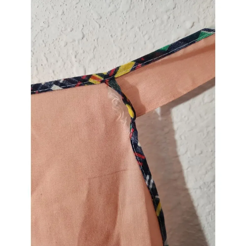 Vintage Handmade Womens Full Bib Apron Peach Floral Trim Pocket Cottagecore